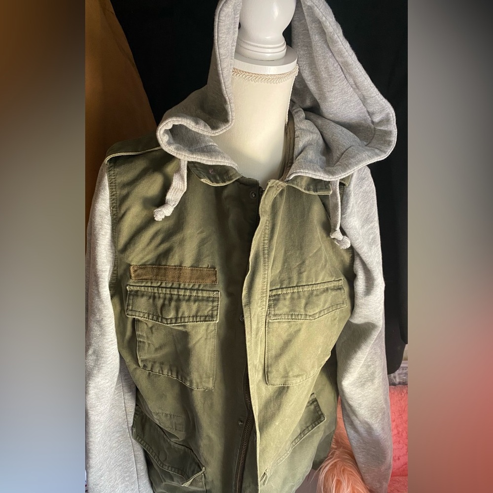 H&M parka coat sweatshirt women army green grey cotton unisex hooded Size M